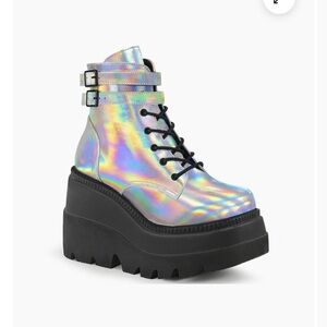 Demonia Shaker-52 Silver Holographic Platform Ankle Boots